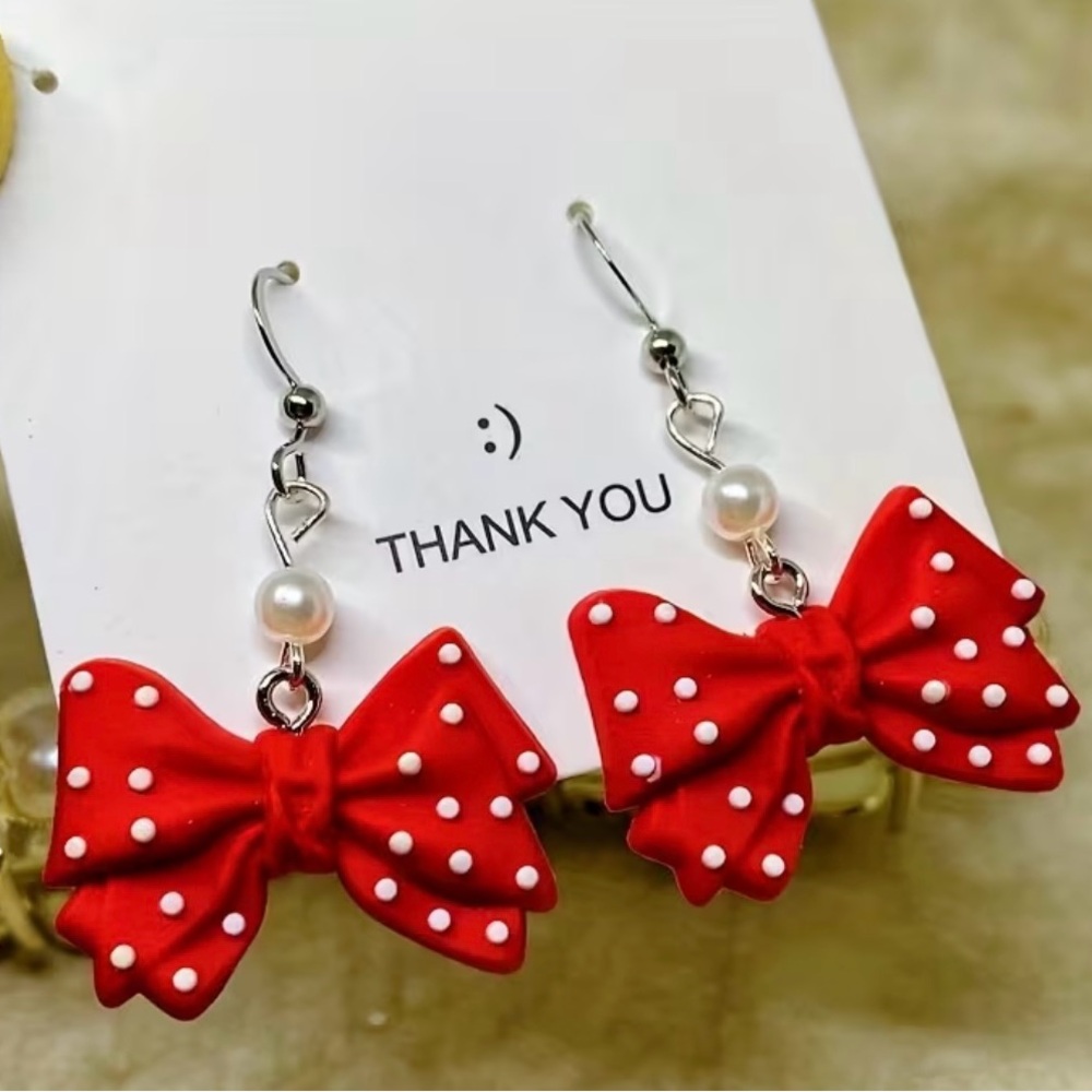 Red Bow Pearl Drop Earrings